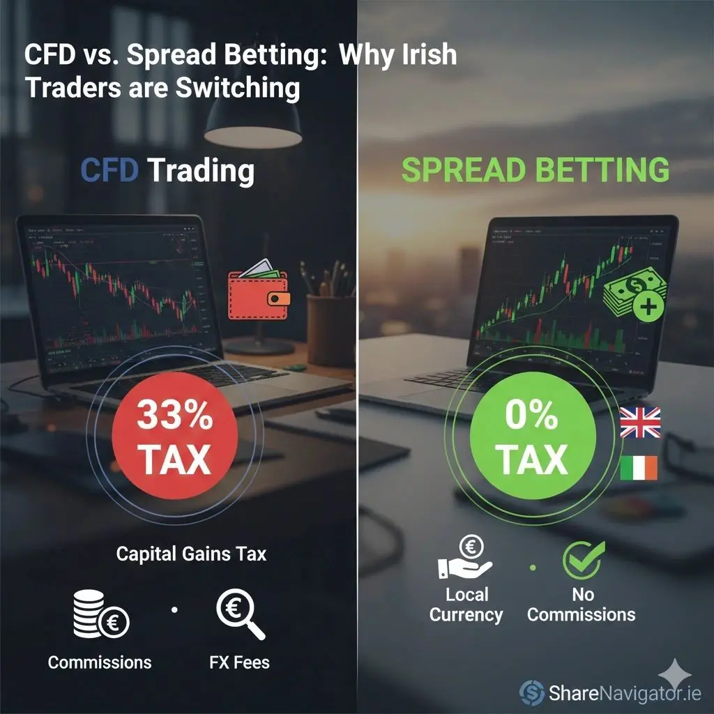 Infographic comparing CFD trading and Tax-Free Spread Betting for Irish investors.
