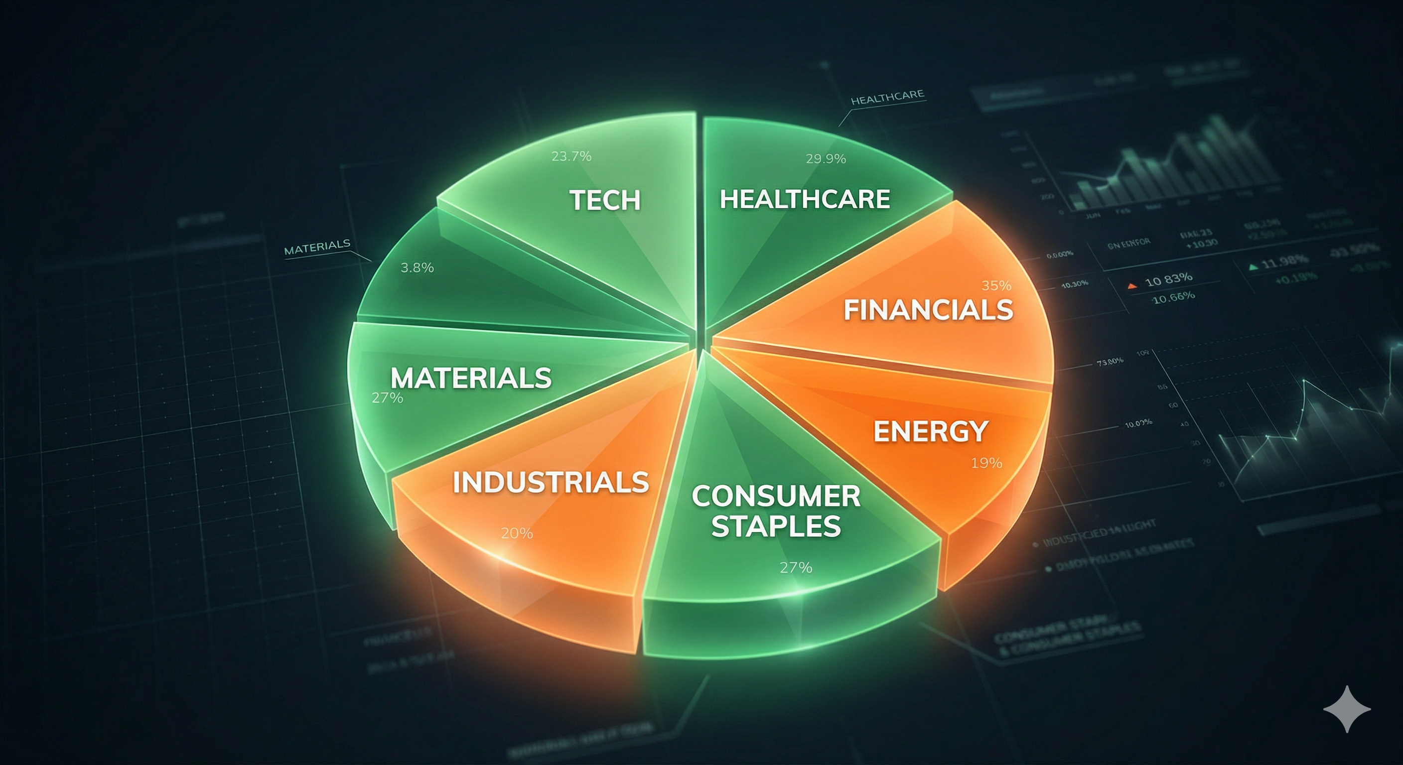 A professional infographic pie chart against a dark background, illustrating a diversified investment portfolio. The chart is balanced across multiple segments labeled 'TECH,' 'HEALTHCARE,' 'ENERGY,' 'STAPLES,' and 'FINANCIALS.' Each sector is colored in varying, distinct shades of ShareNavigator Green and Orange, visually conveying stability and balance