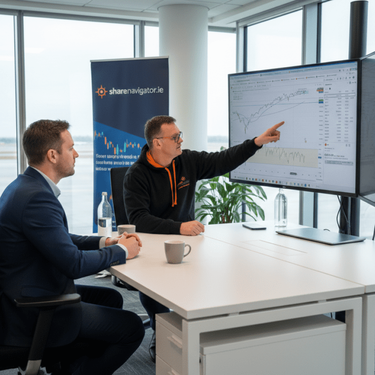 Stephen Cox, Registered Stockbroker, MBA, and Options Mentor, pointing to a technical analysis chart of the S&P 500 index