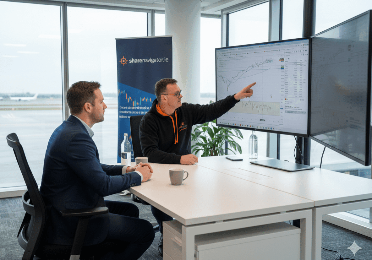 Stephen Cox, Registered Stockbroker, MBA, and Options Mentor, pointing to a technical analysis chart of the S&P 500 index